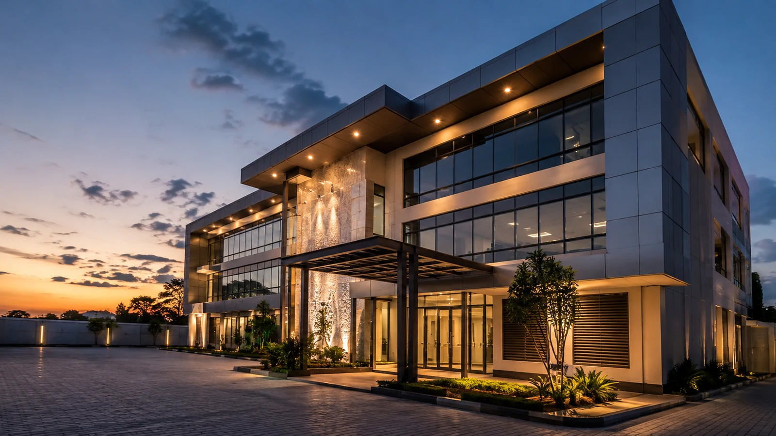 Completed commercial development at dusk
