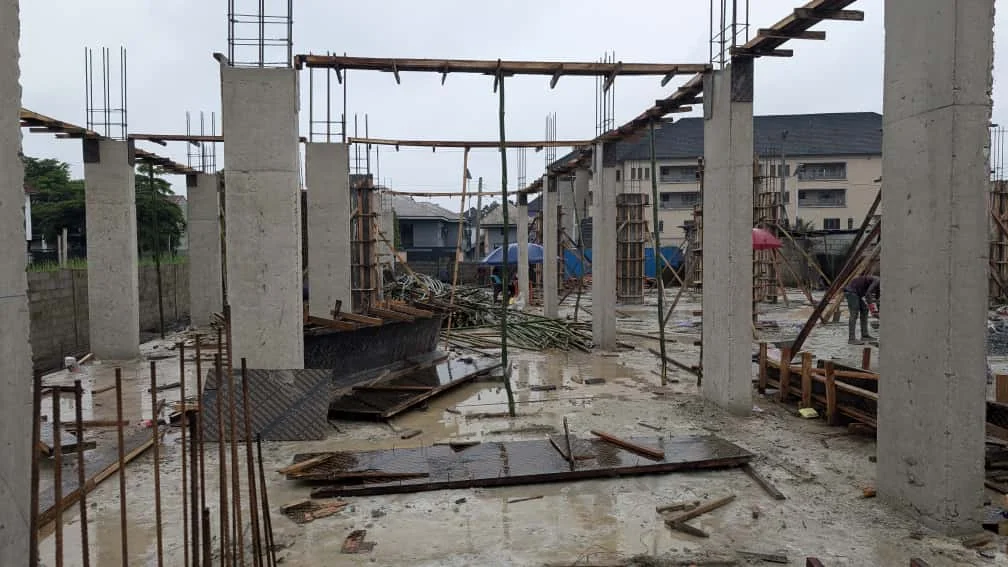 Concrete columns and structural building works on an active construction site