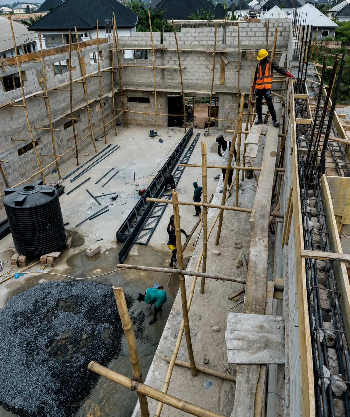 Construction team coordinating structural works on an active project site