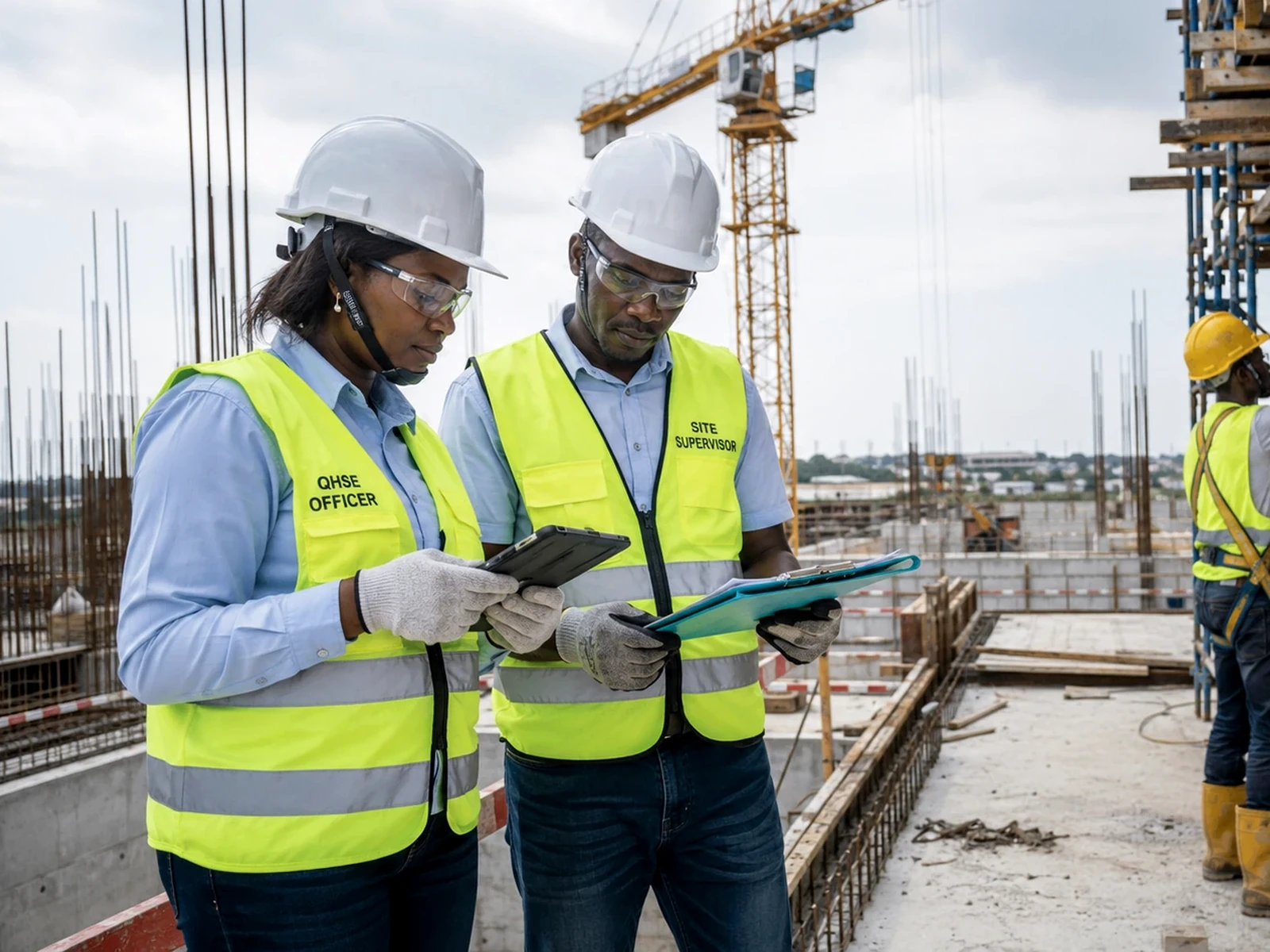 QHSE officer and site supervisor reviewing a site safety and compliance inspection