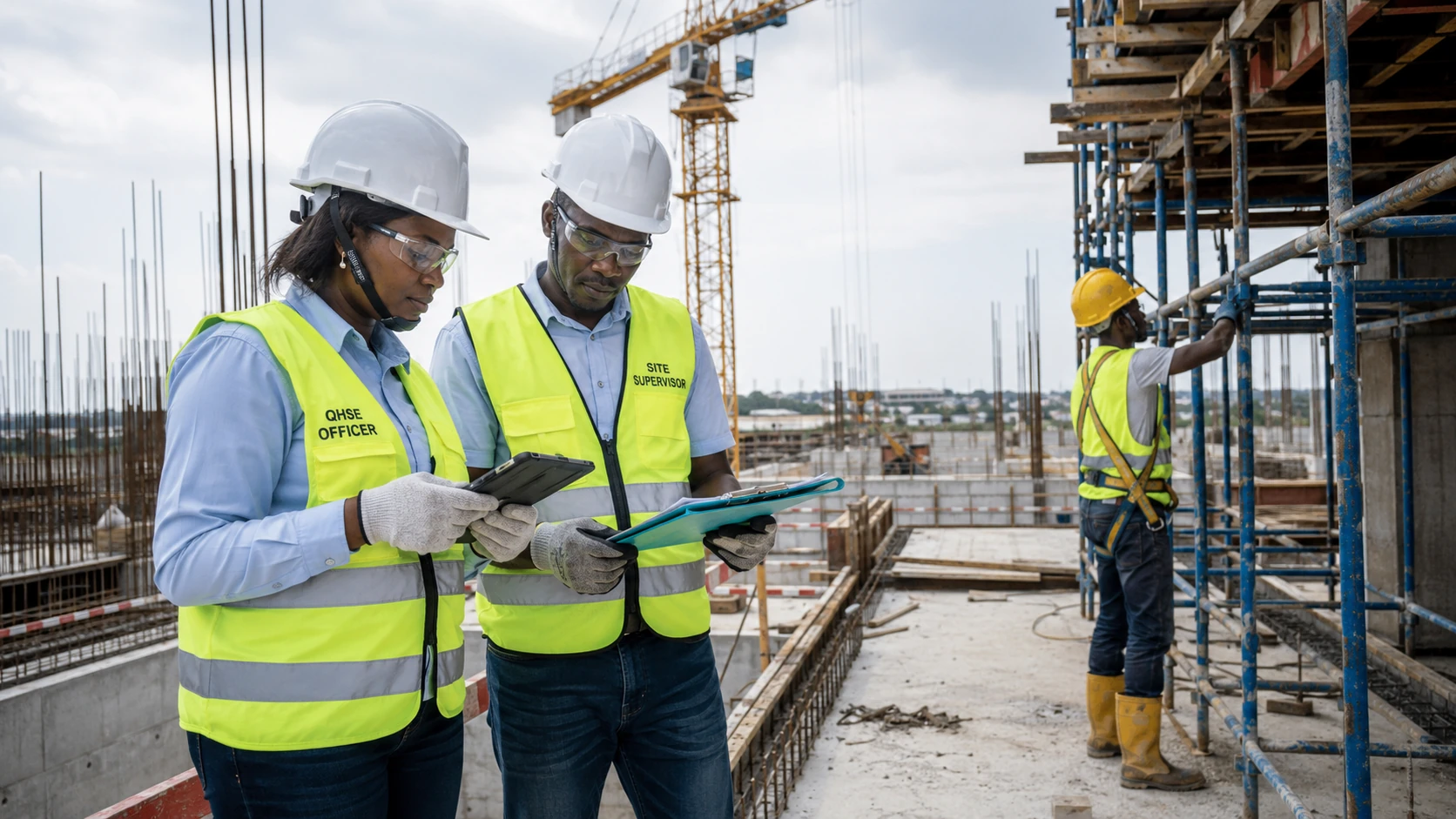QHSE officer and site supervisor conducting a safety and compliance inspection